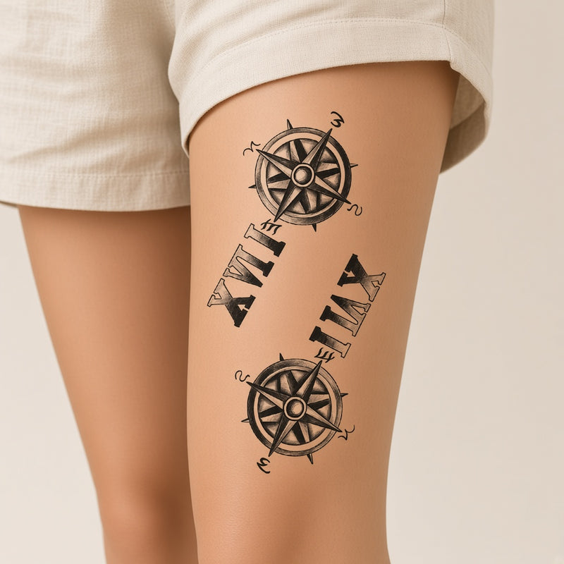 Ivory Veil Compass temporary tattoo worn on the outer thigh