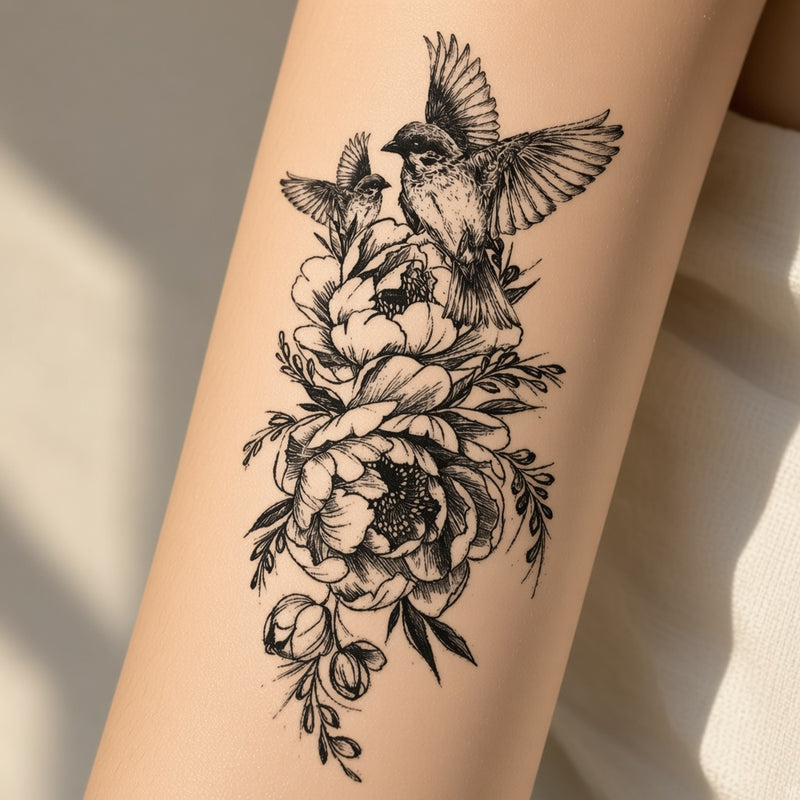 Birds above a fine-line peony bouquet temporary tattoo worn on the forearm