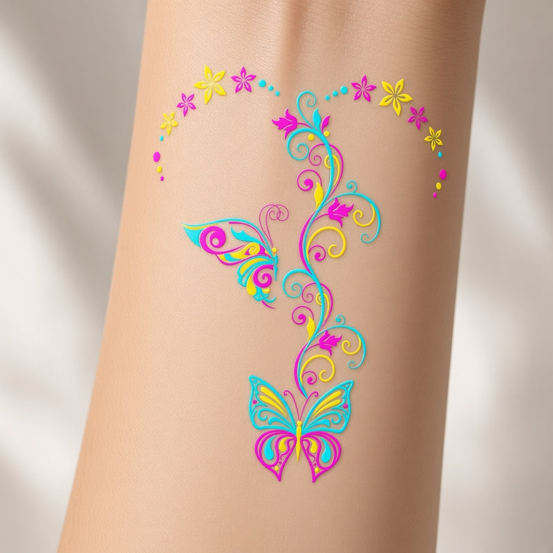 Velvet Muse Butterfly & Star & Feather temporary tattoo worn on the inner forearm