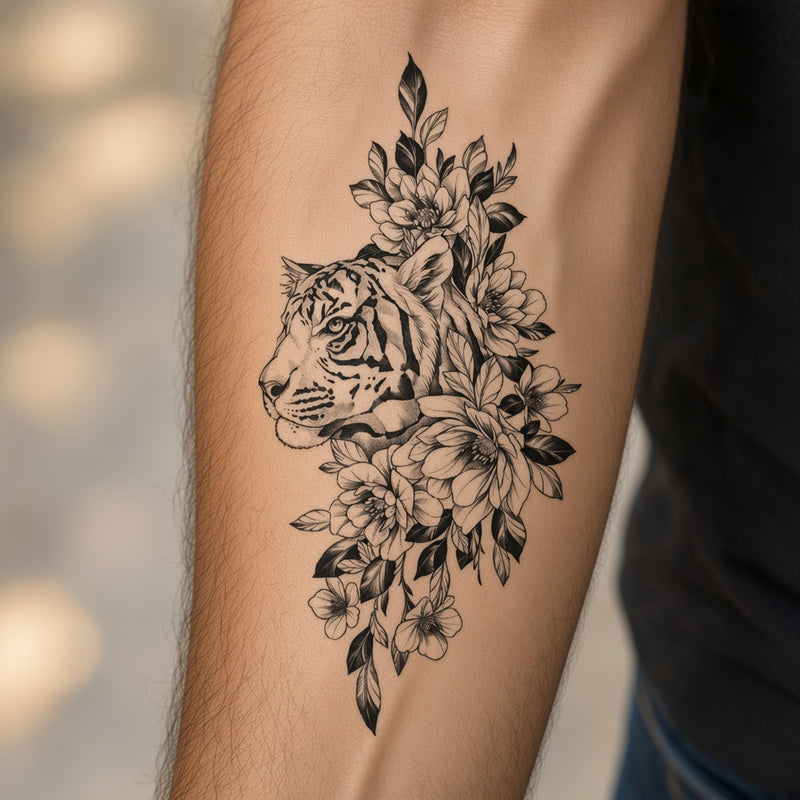 Tiger face with blossoms temporary tattoo worn on the forearm
