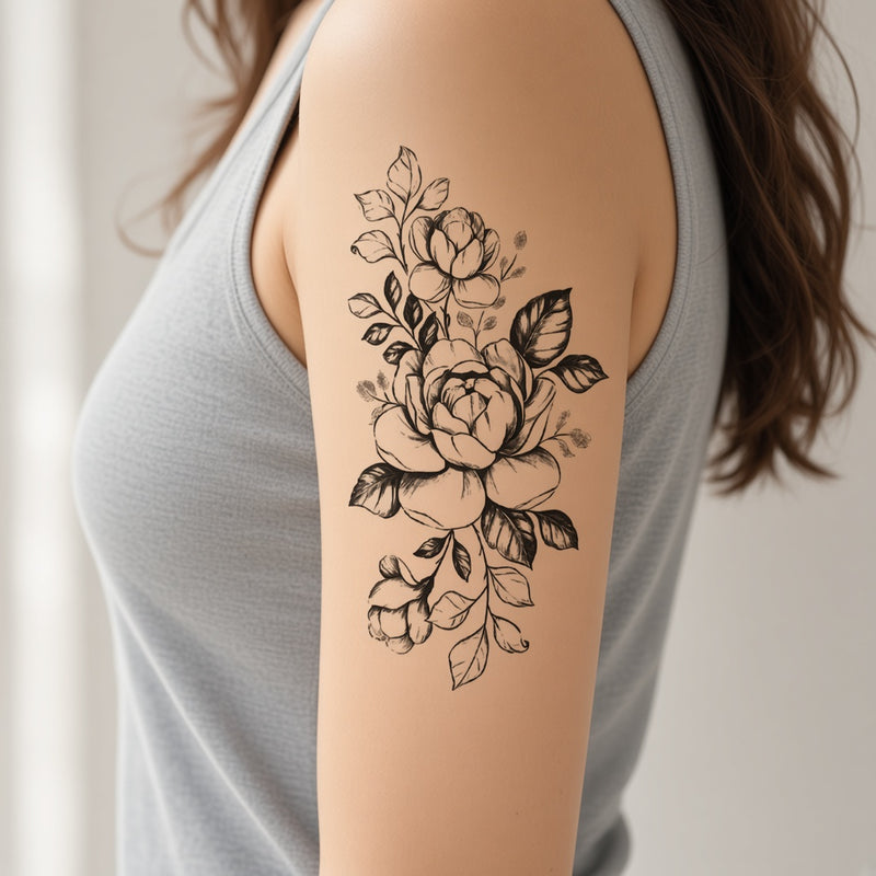 Botanic Muse โ Flower 1 temporary tattoo worn on the outer upper arm