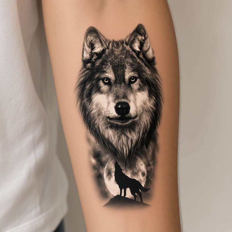 Black Howl Black & Wolf temporary tattoo worn on the inner forearm