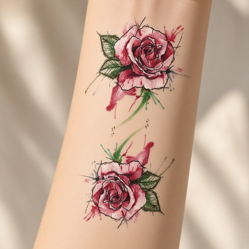Watercolor pink roses temporary tattoo worn on the forearm