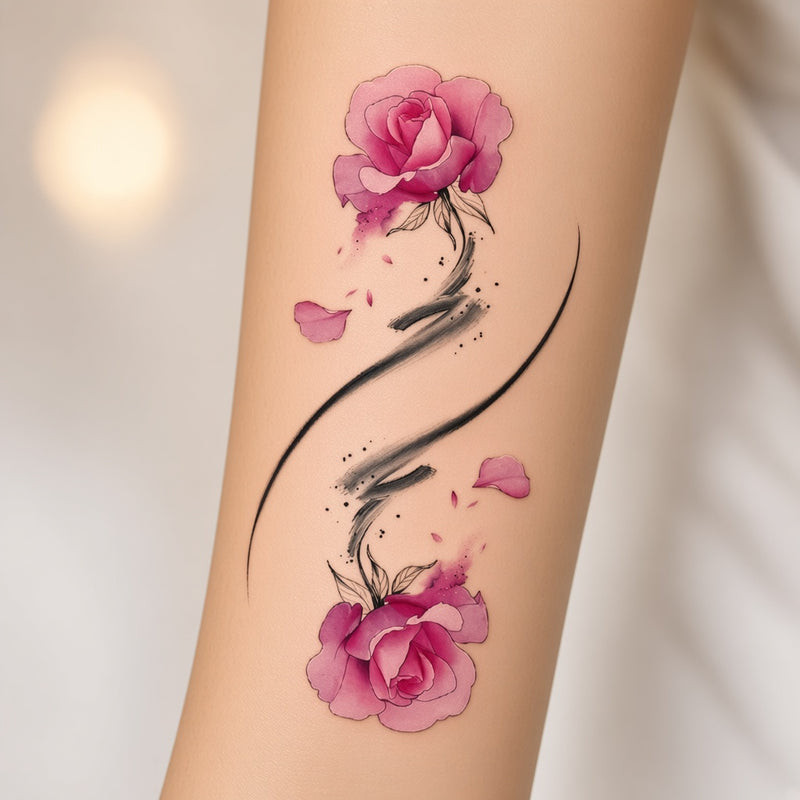 Crimson Petal Pink & Rose & Flower temporary tattoo worn on the inner forearm