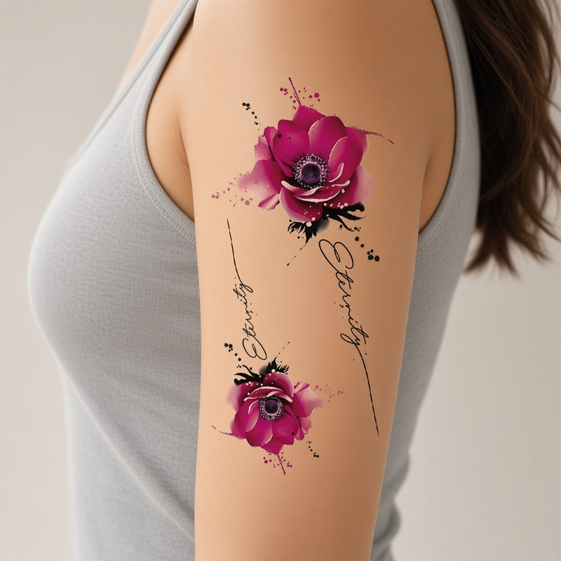 Scarlet Wisp Flower & Floral temporary tattoo worn on the outer upper arm
