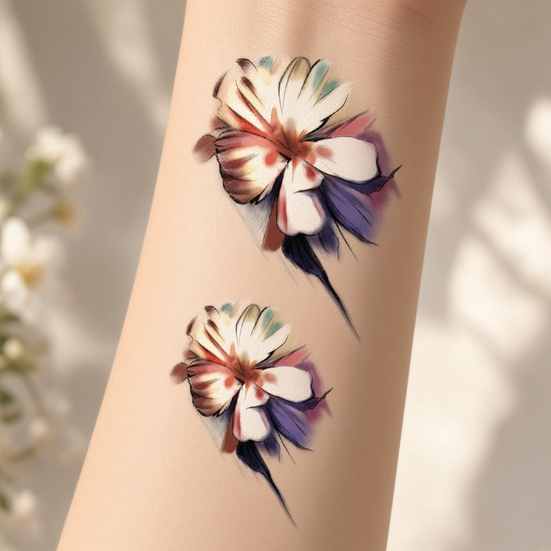 Two watercolor flowers temporary tattoo worn on the forearm