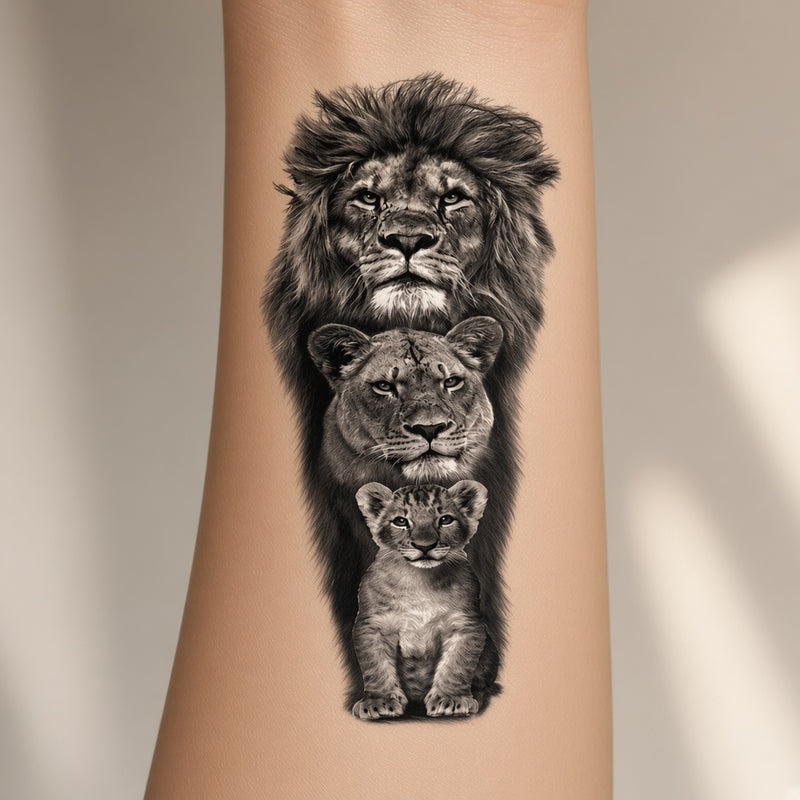 Wild Muse Black & Lion temporary tattoo worn on the inner forearm