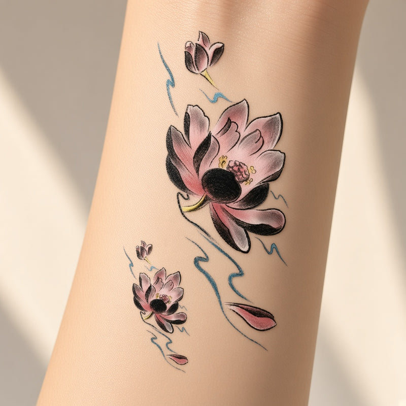 Pink lotus and water swirls temporary tattoo worn on the forearm
