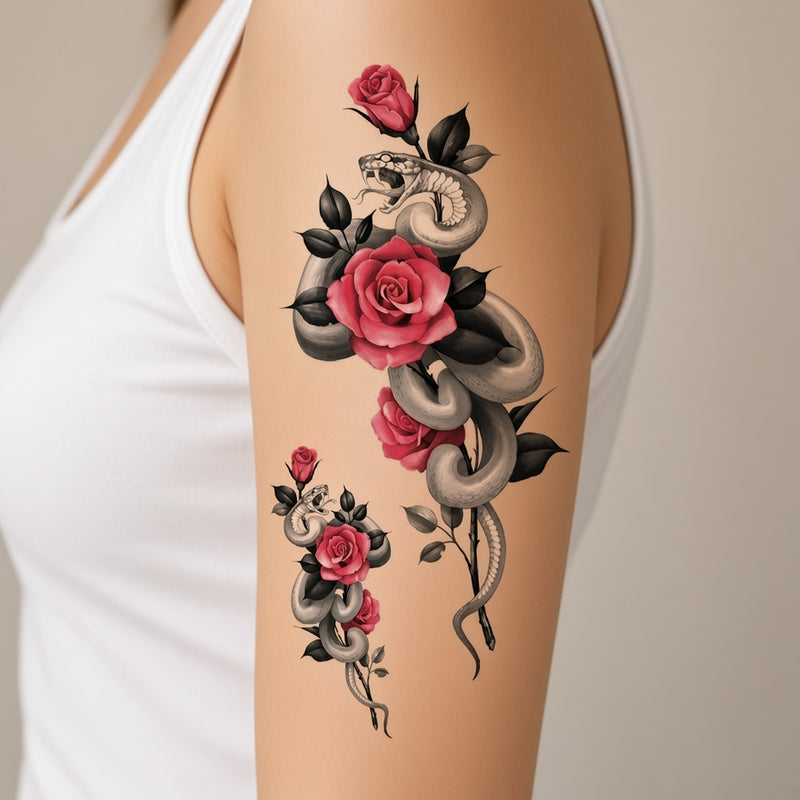 Crimson Signal Snake & Rose & Flower temporary tattoo worn on the outer upper arm