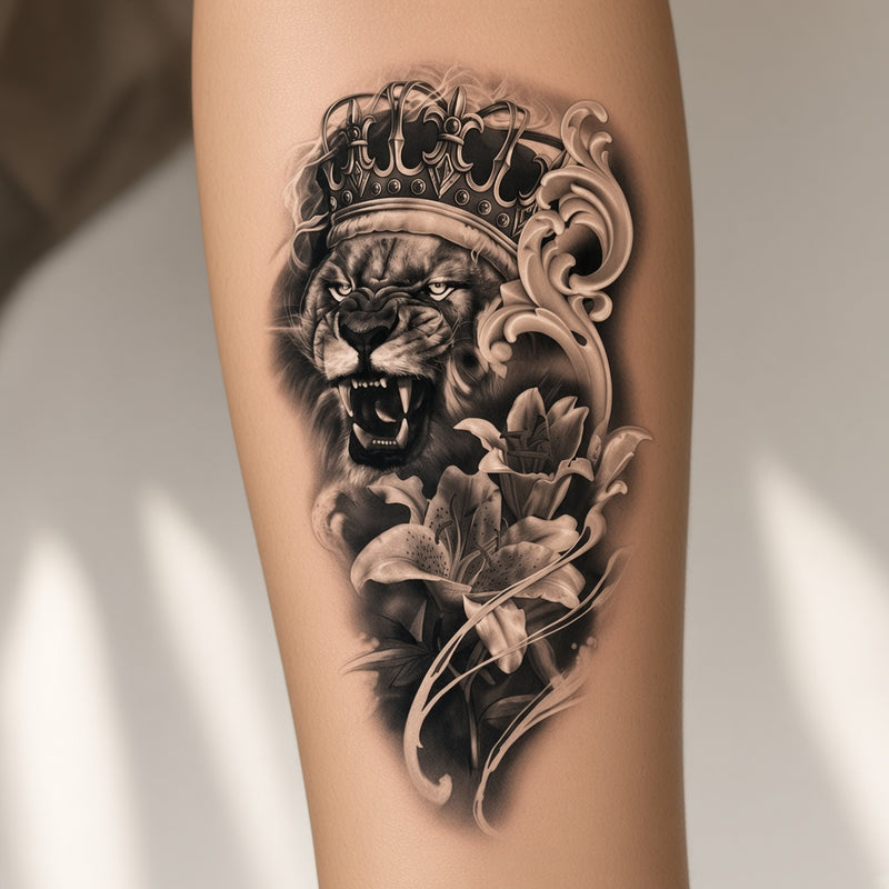 Cinder Atlas Black & Lion temporary tattoo worn on the inner forearm