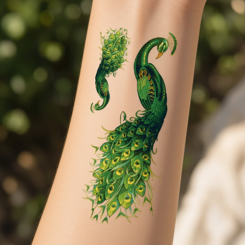 Peacock temporary tattoo worn on the forearm