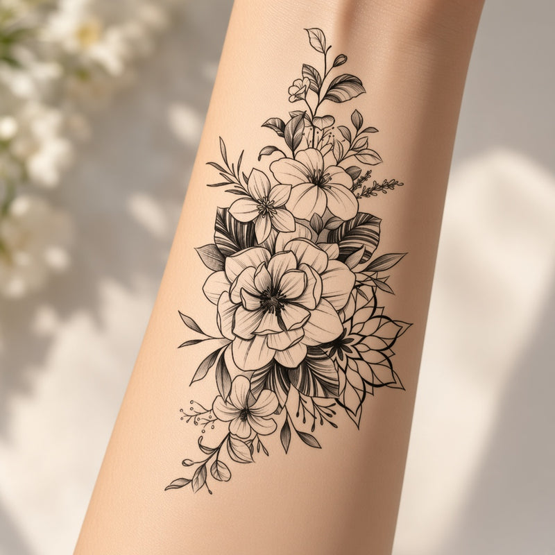 Floral temporary tattoo worn on the forearm