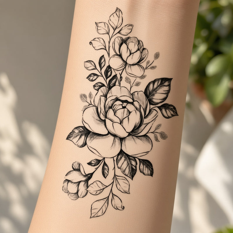 Peony temporary tattoo worn on the forearm