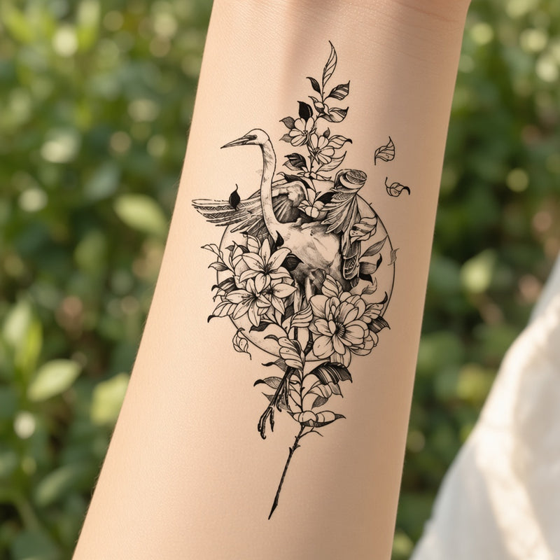 Crane and flowers temporary tattoo worn on the forearm