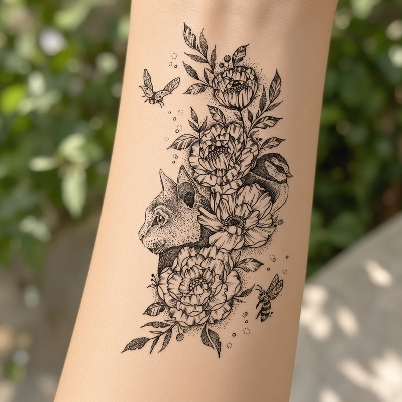 Cat, bird and peonies temporary tattoo worn on the forearm