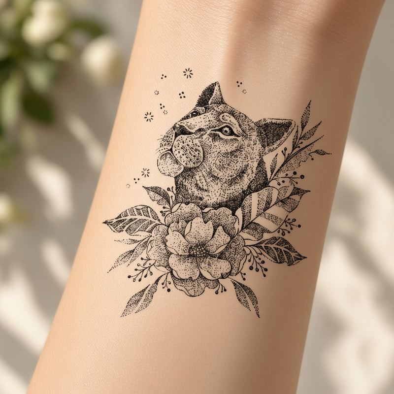 Cat and flower temporary tattoo worn on the forearm