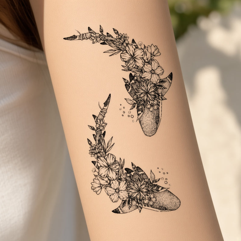 Floral sharks temporary tattoo worn on the forearm