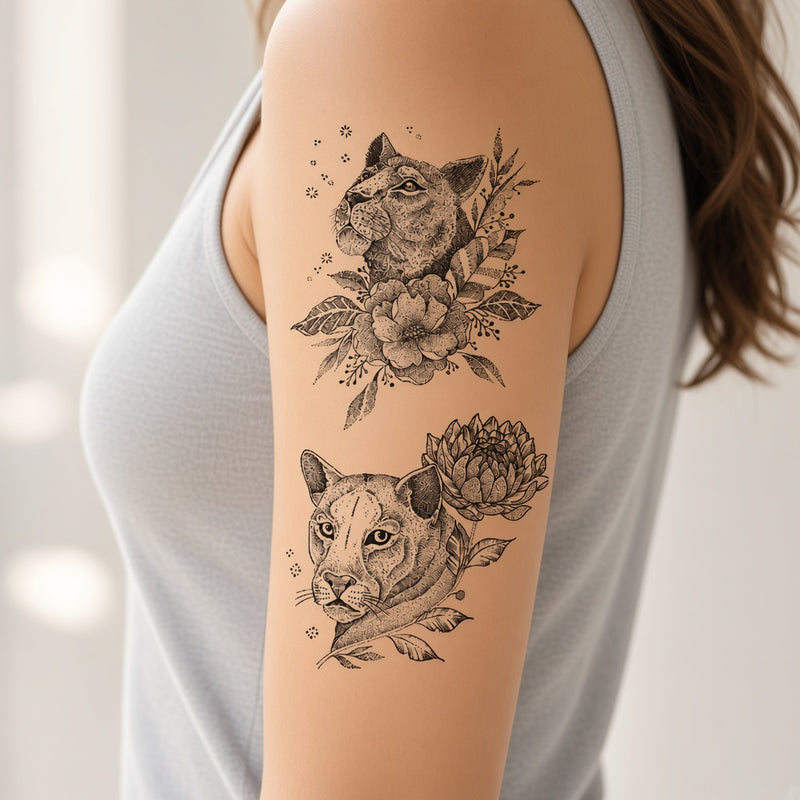 Desert Atlas Cat & Flower & Floral temporary tattoo worn on the outer upper arm