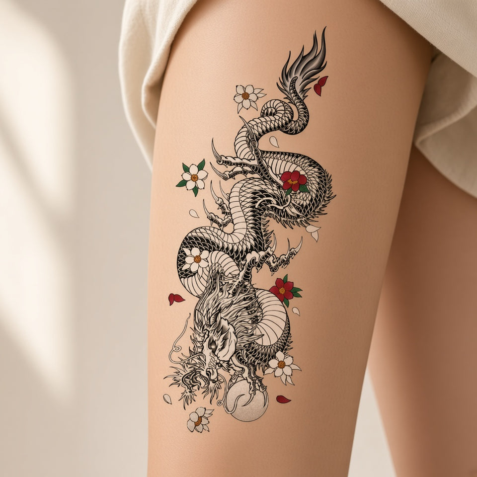 Dragon and flowers temporary tattoo worn on the thigh