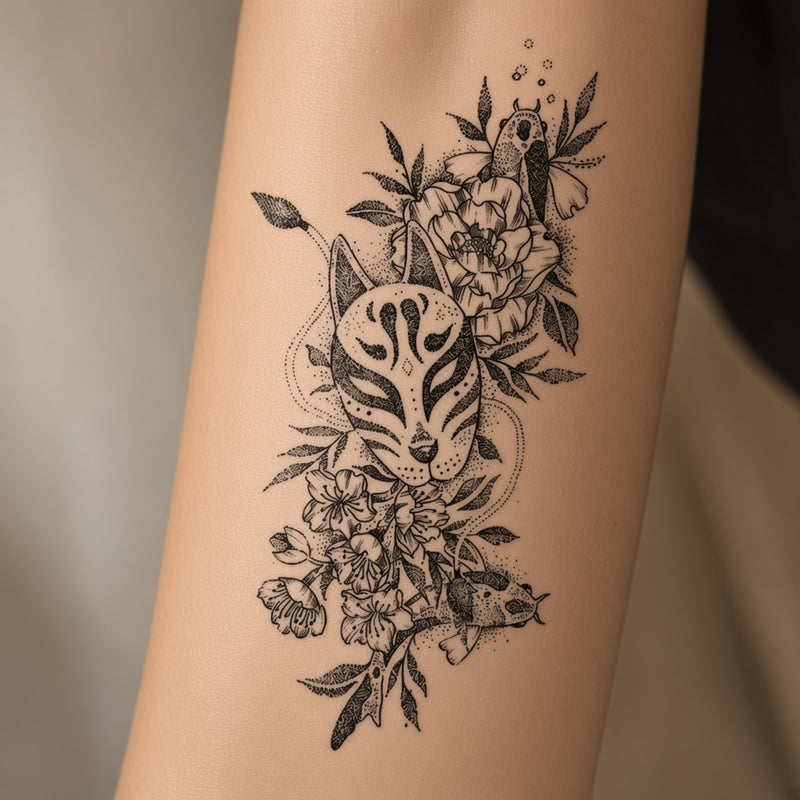 Fox mask with peonies temporary tattoo worn on the forearm