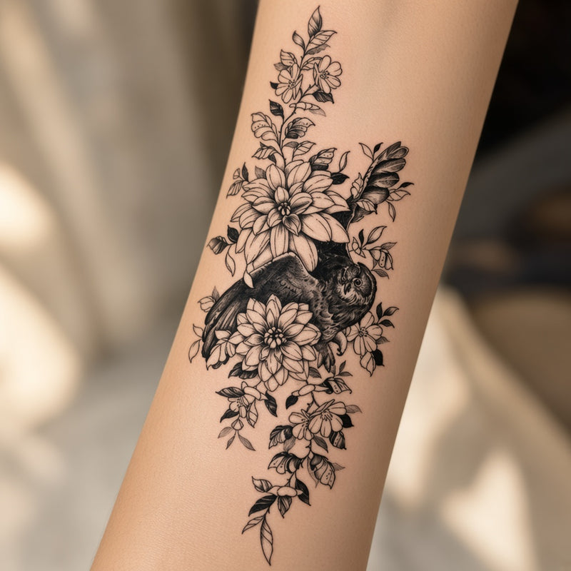 Bird and flowers temporary tattoo worn on the forearm