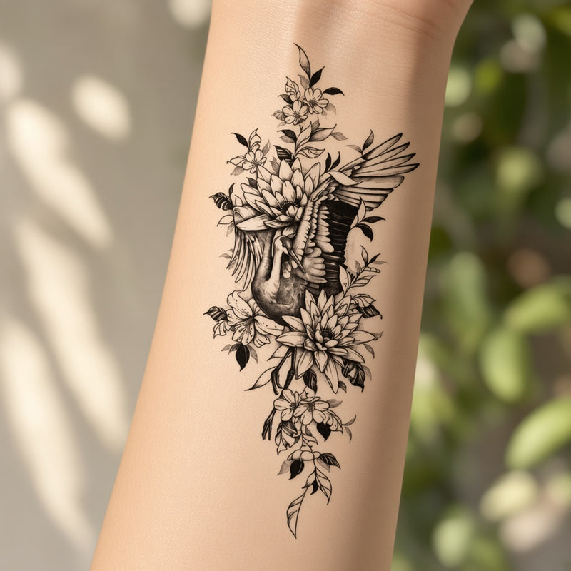 Crane and lotus floral temporary tattoo worn on the forearm