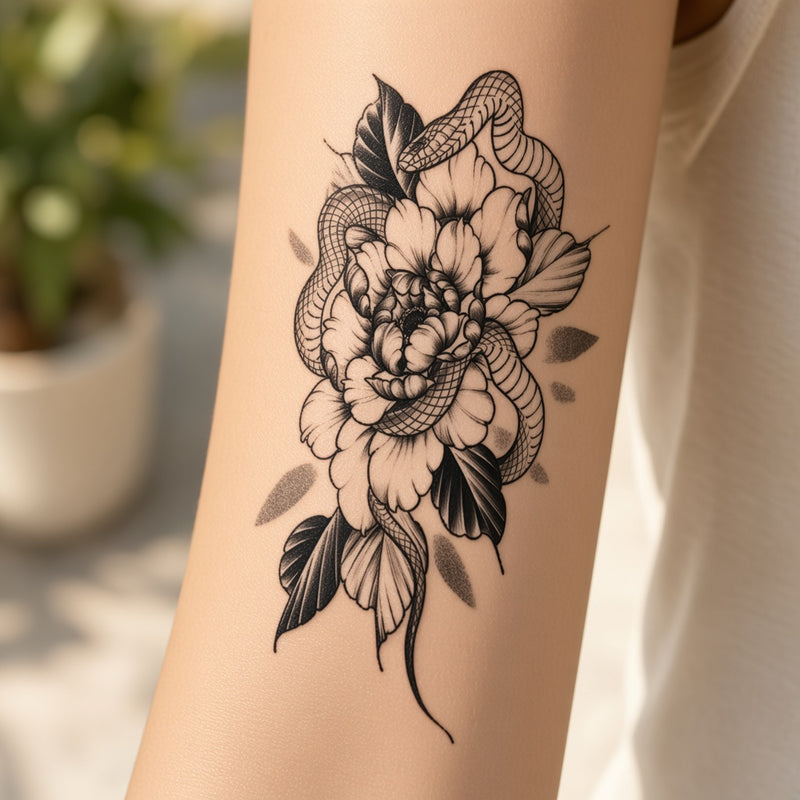 Snake and peony temporary tattoo worn on the forearm