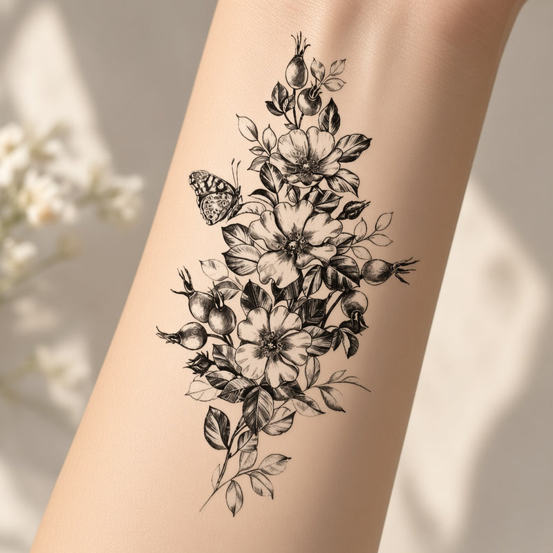 Wild rose and butterfly temporary tattoo worn on the forearm