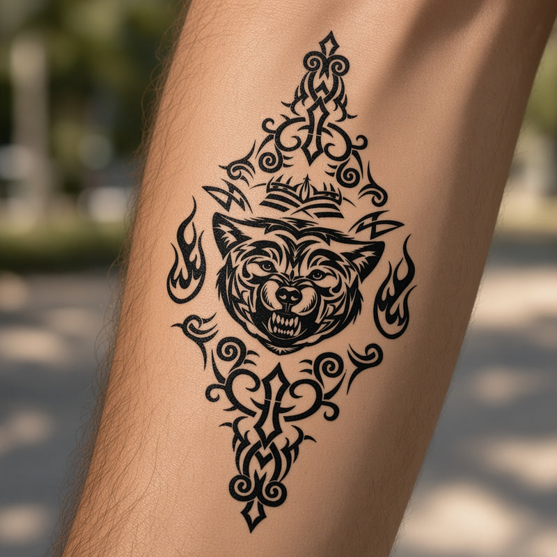Tribal wolf temporary tattoo worn on the forearm