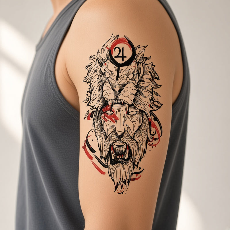 Obsidian Crown Lion temporary tattoo worn on the outer upper arm