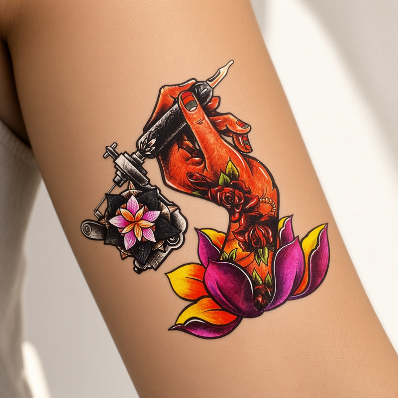 Hand with tattoo machine over a pink lotus worn on an upper arm, colour temporary tattoo design