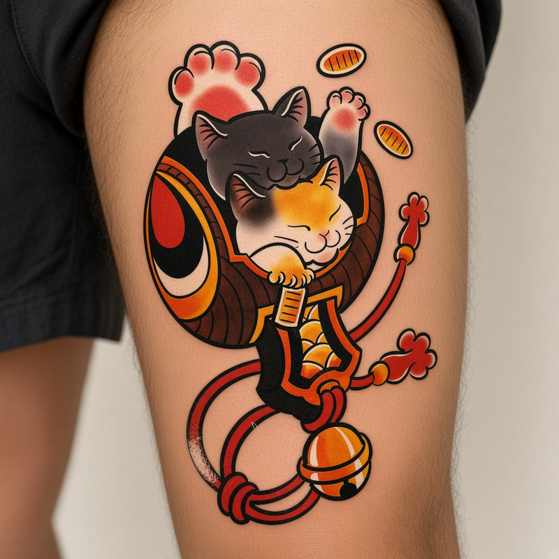 Lucky cats in an orange ring with coins and bell worn on an upper leg, colour temporary tattoo design