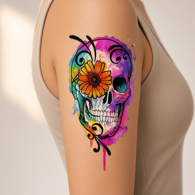 Cinder Plume Skull & Scary temporary tattoo worn on the outer upper arm
