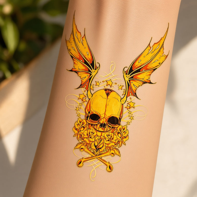 Winged skull and roses temporary tattoo worn on the forearm