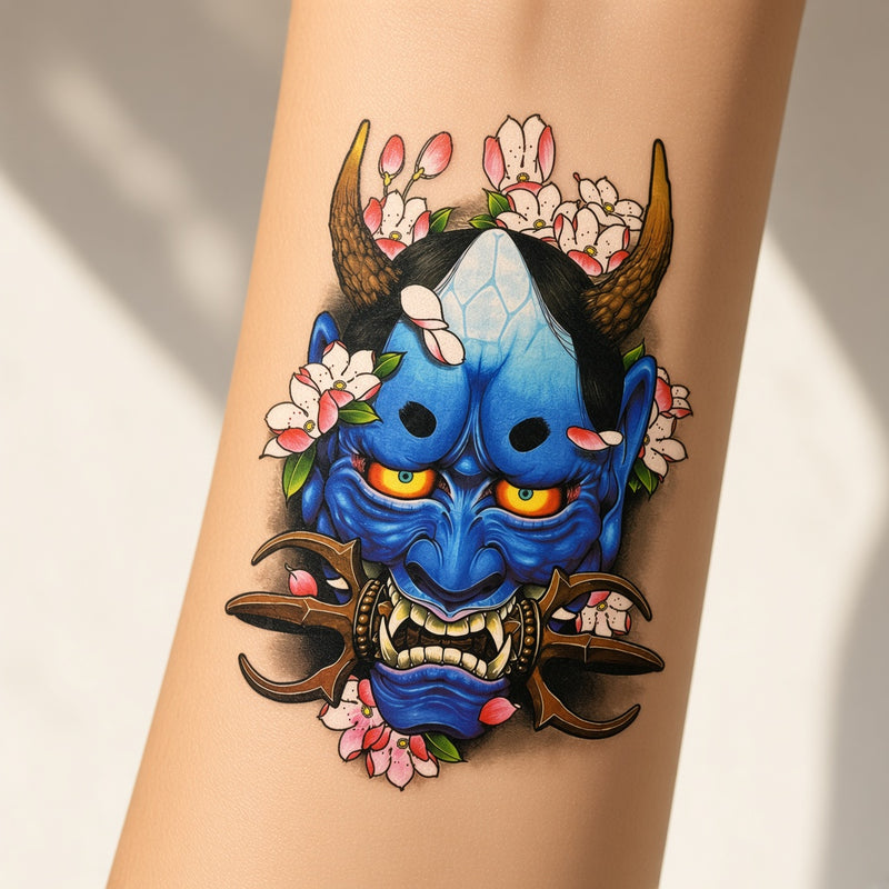 Blue hannya mask with blossoms temporary tattoo worn on the forearm