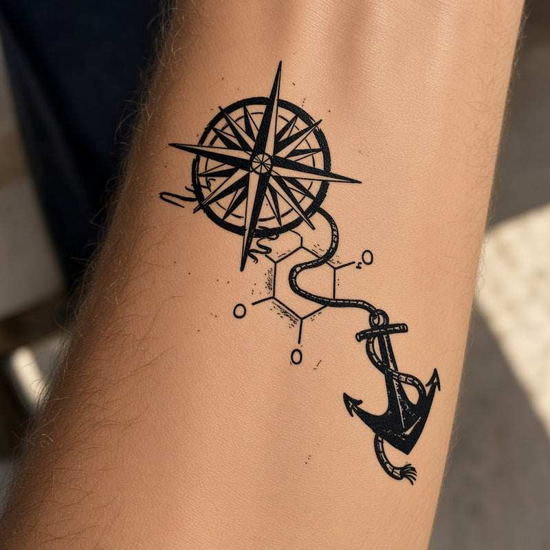 Compass, anchor and molecule temporary tattoo worn on the forearm