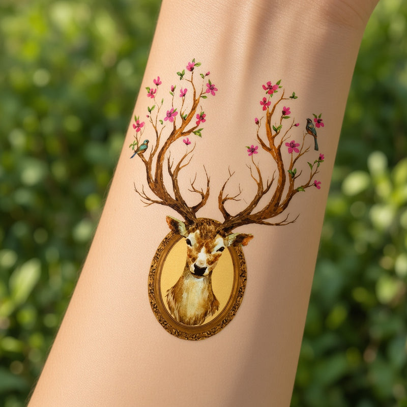 Deer with blossom antlers temporary tattoo worn on the forearm