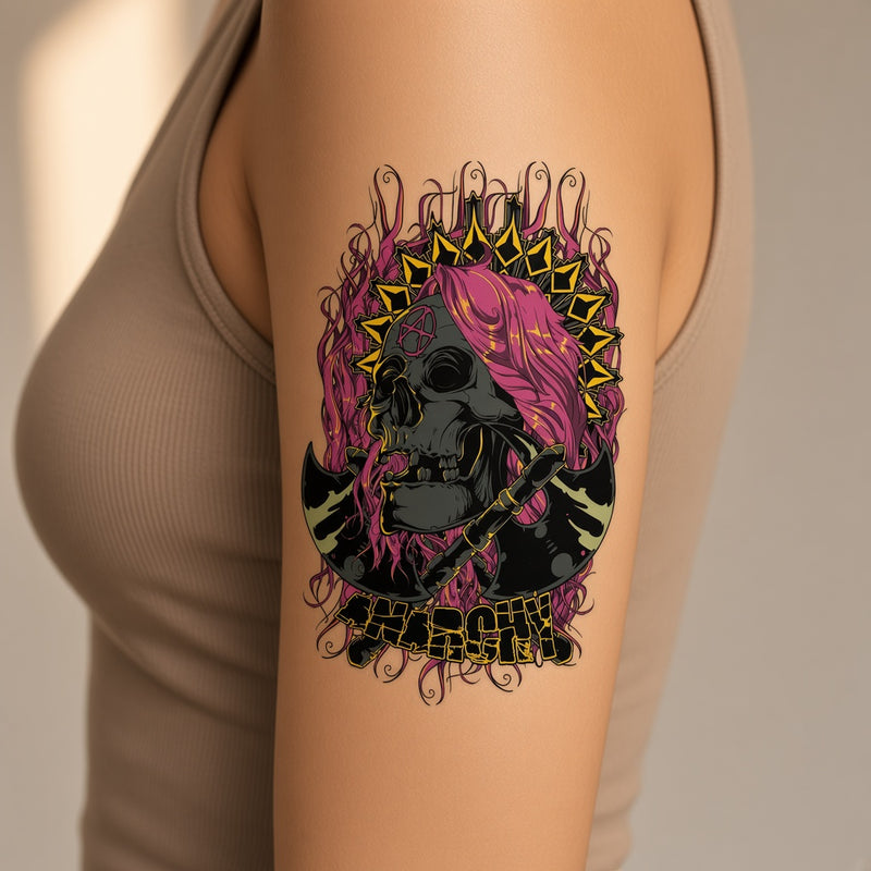Cinder Flame Skull temporary tattoo worn on the outer upper arm