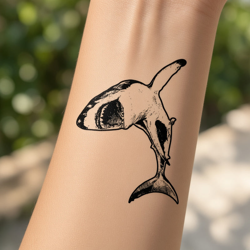 Shark temporary tattoo worn on the forearm