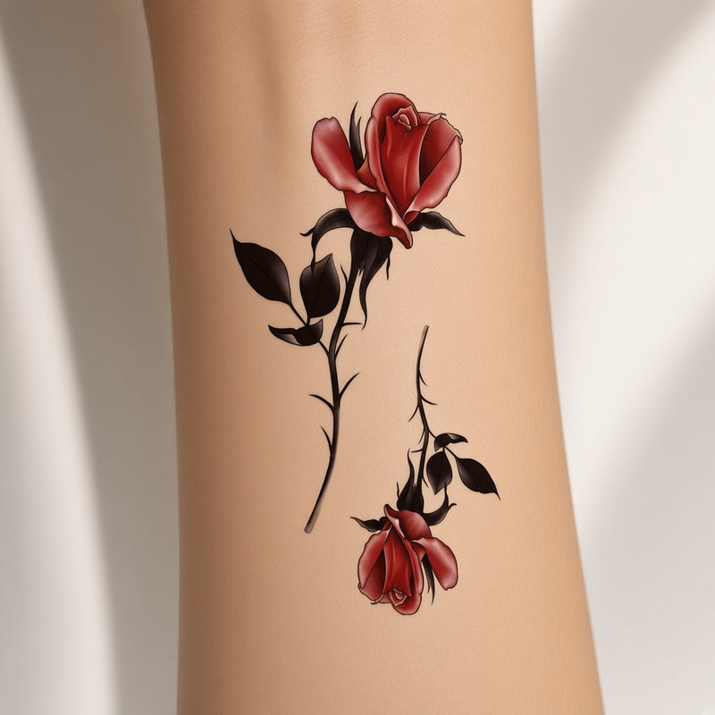 Silver Arc Red & Rose & Flower & Floral temporary tattoo worn on the inner forearm