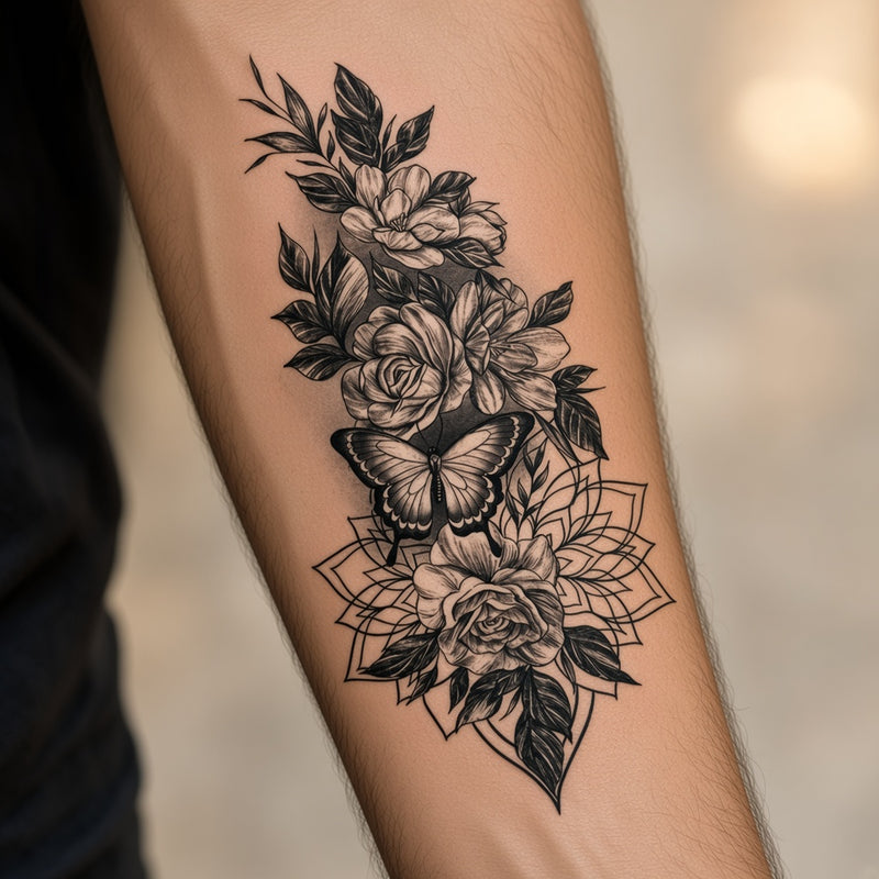 Roses, butterfly and mandala worn on an outer forearm, black and grey temporary tattoo design