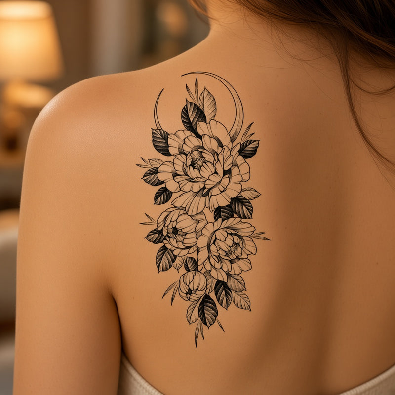 Peony bouquet framed by a crescent moon worn on the upper back, temporary tattoo design