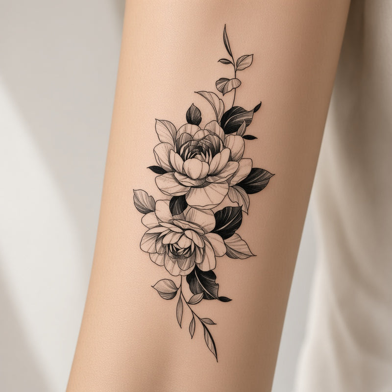 Fine-line peony stem worn on an inner forearm, temporary tattoo design