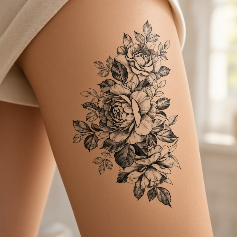 Dense cluster of black roses and peonies worn on an outer thigh, temporary tattoo design
