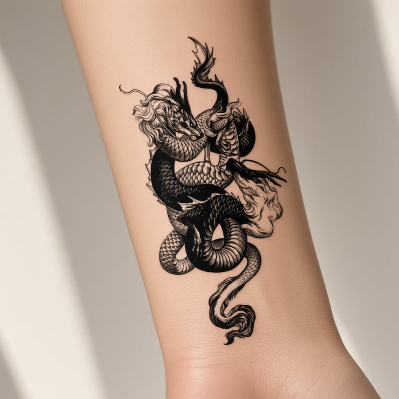 Shadow Plume Dragon temporary tattoo worn on the inner forearm
