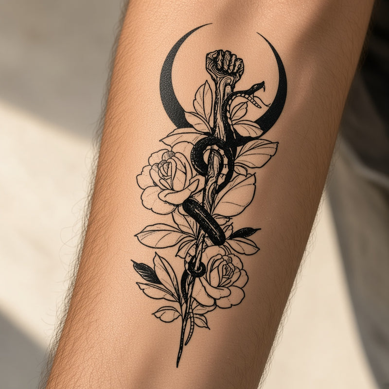 Snake, dagger, moon and roses temporary tattoo worn on the forearm