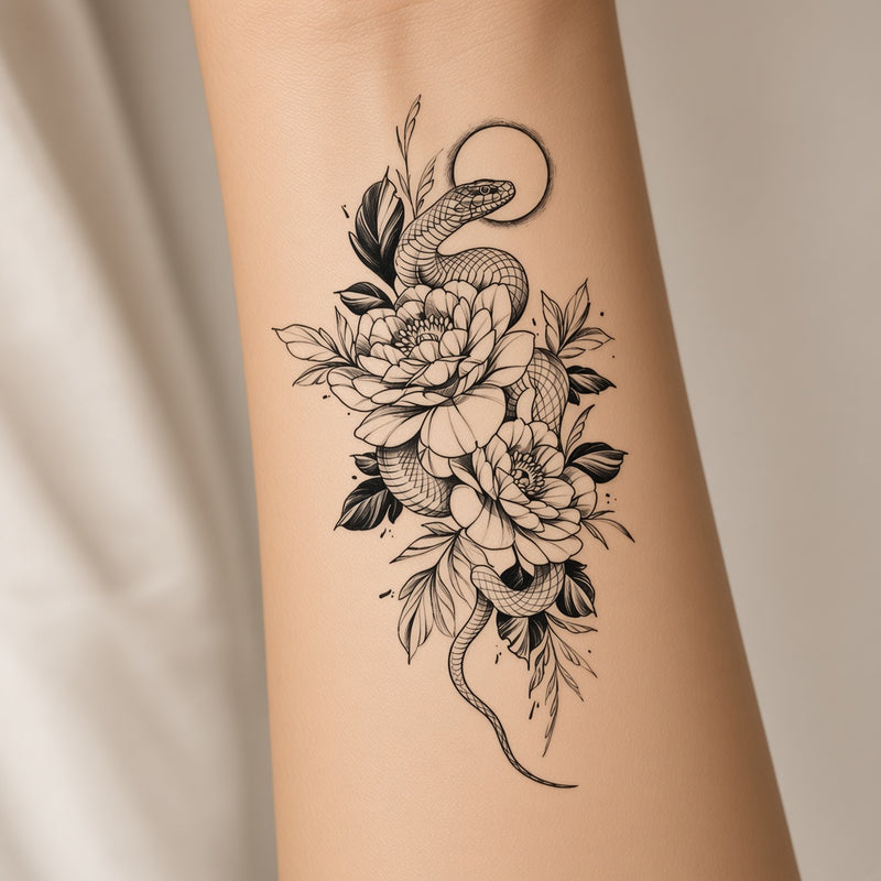 Desert Haven Snake & Flower & Floral temporary tattoo worn on the inner forearm