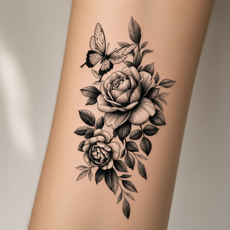 Scarlet Bloom Black & Flower temporary tattoo worn on the inner forearm