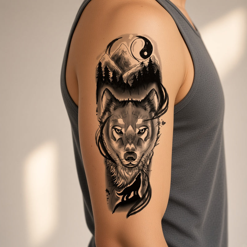 Hidden Arc Wolf Temporary Tattoo temporary tattoo worn on the outer upper arm