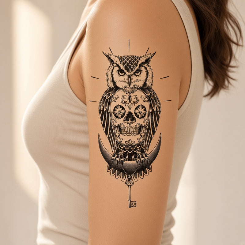 Ember Muse Skull & Owl & Moon temporary tattoo worn on the outer upper arm